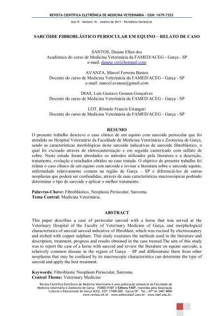 sarcóide fibroblástico periocular em equino - Revistas Eletrônicas