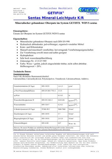 Technisches Merkblatt sentas Mineral-Leichtputz K_R - Getifix
