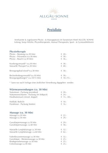 Preisliste - Hotel Allgäu Sonne