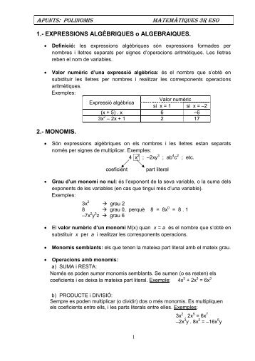 APUNTS: POLINOMIS MATEMÀTIQUES 3R ESO - Bell-lloc