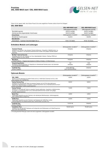Preisliste DSL 6000 MAXI start / DSL 6000 MAXI basic - gelsen-net