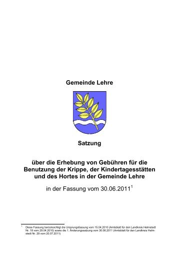 Kindertagesstätten Gebühren Satzung - Gemeinde Lehre