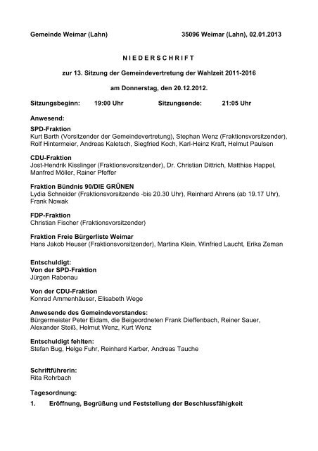 Protokoll vom 20.12.2012 - Gemeinde Weimar