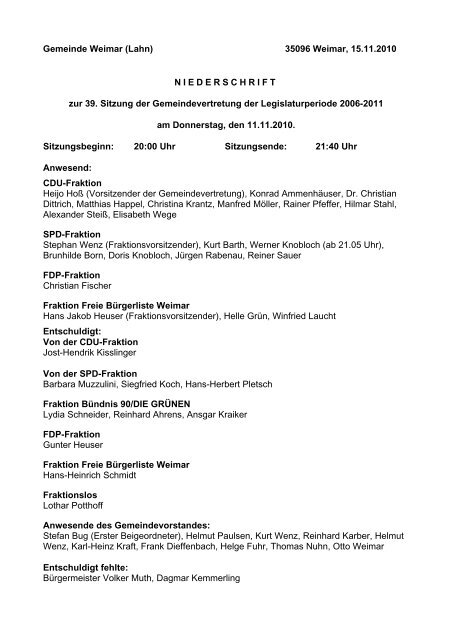 Protokoll vom 11.11.2010 - Gemeinde Weimar