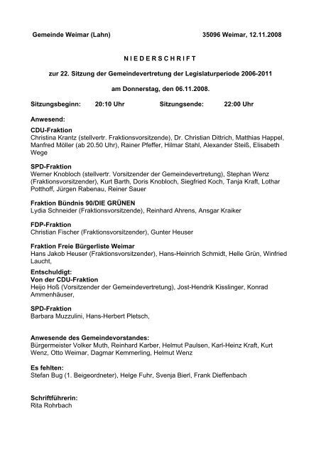Protokoll vom 06.11.2008 - Gemeinde Weimar
