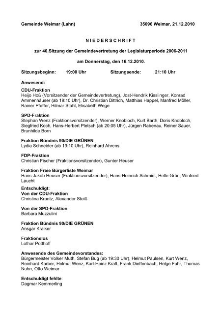 Protokoll vom 16.12.2010 - Gemeinde Weimar