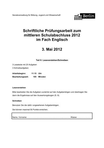 Schriftliche Prüfungsarbeit zum mittleren Schulabschluss 2012 im ...