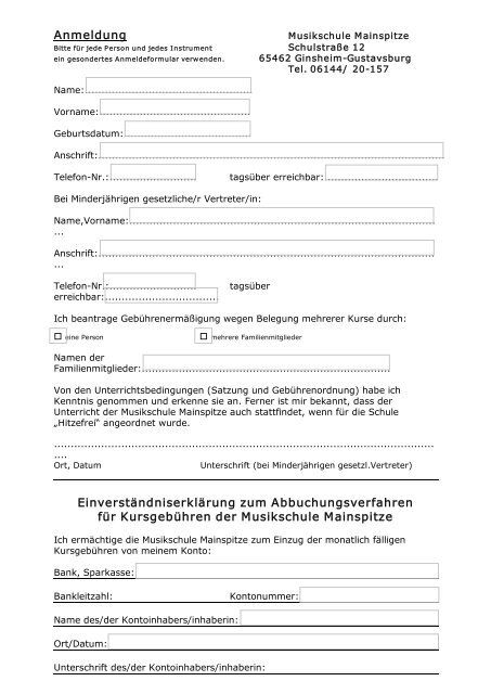 Anmeldung Einverständniserklärung zum Abbuchungsverfahren für ...