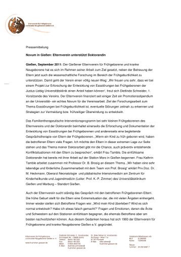 Pressemitteilung - Elternverein für Frühgeborene und kranke ...