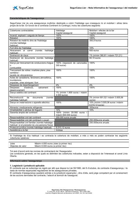 SegurCaixa Llar – Nota Informativa de l'assegurança i del ... - la Caixa