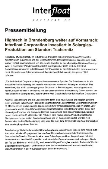 Glasmanufaktur Brandenburg GmbH - Pressemitteilung