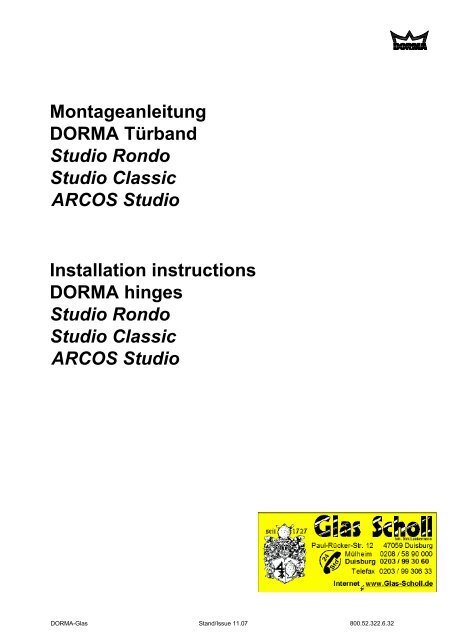 Montageanleitung DORMA Türband Studio Ronde Classic ARCOS