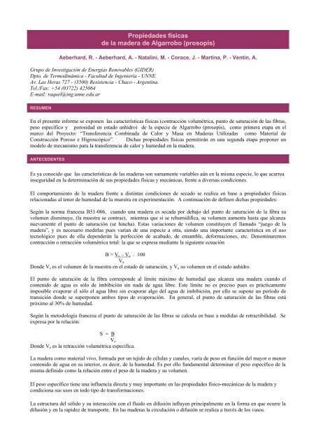 Propiedades físicas de la madera de Algarrobo (prosopis)