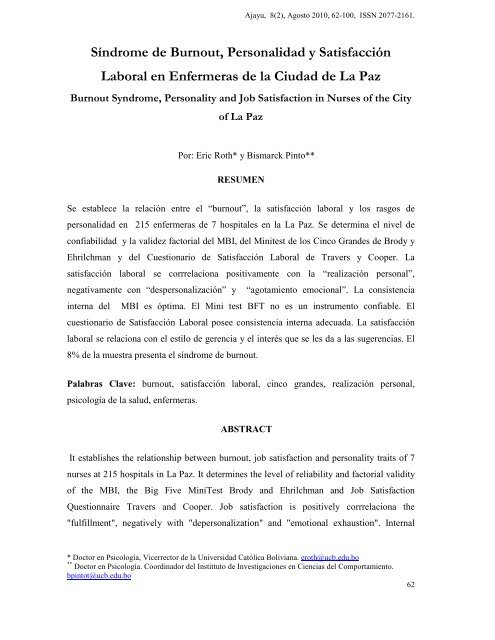 Síndrome de Burnout, Personalidad y Satisfacción Laboral en ...