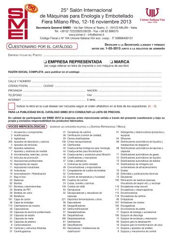 Cuestionario por el catálogo - empresa representada y marca - Simei