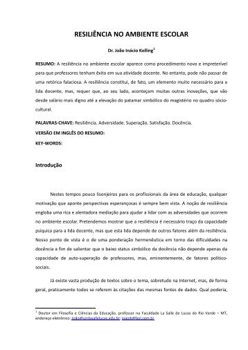 RESILIÊNCIA NO AMBIENTE ESCOLAR - La Salle