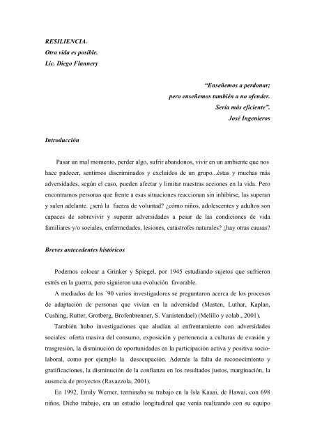 RESILIENCIA. Otra vida es posible. Lic. Diego Flannery ...