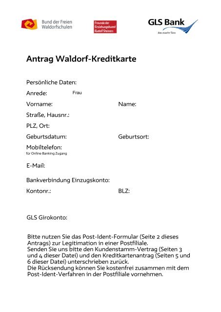 Antrag Waldorf-Kreditkarte - GLS Bank
