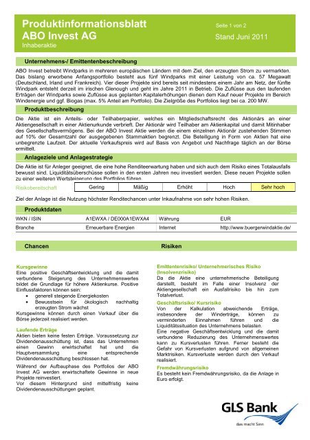 Produktinformationsblatt Abo Invest Ag Gls Bank