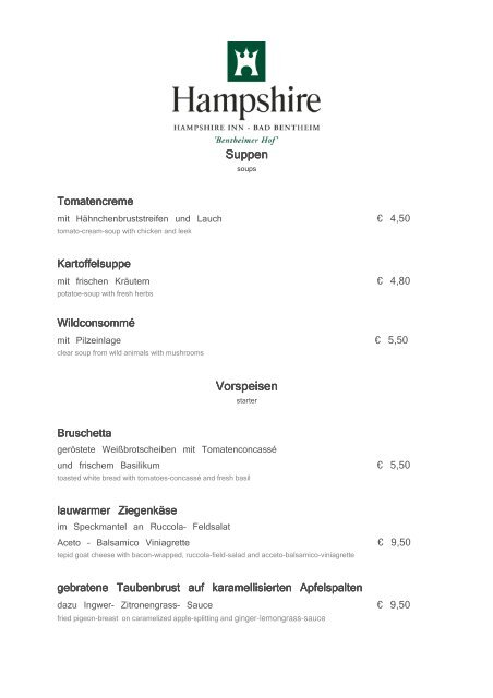 speisekarte, englisch - Hotel Bentheimer Hof