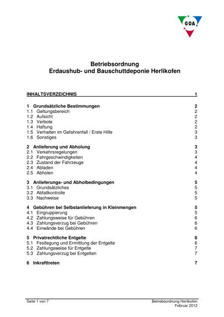 Betriebsordnung Erdaushub- und Bauschuttdeponie Herlikofen