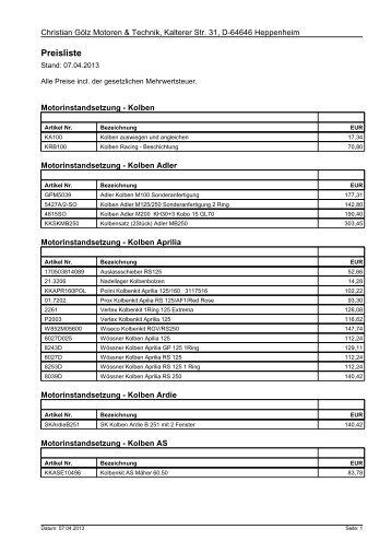 Preisliste Kolben - GÃ¶lz- Motoren und Tuning