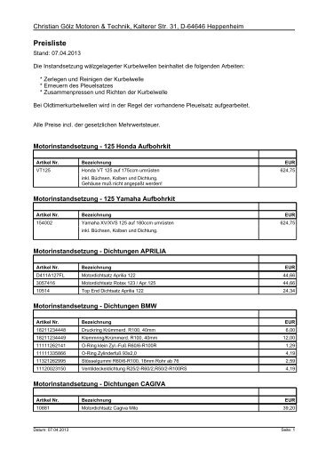 Preisliste komplett - GÃ¶lz- Motoren und Tuning