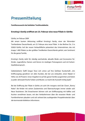 Ernsting's family erÃ¶ffnet am 23. Februar eine neue Filiale in GÃ¶rlitz