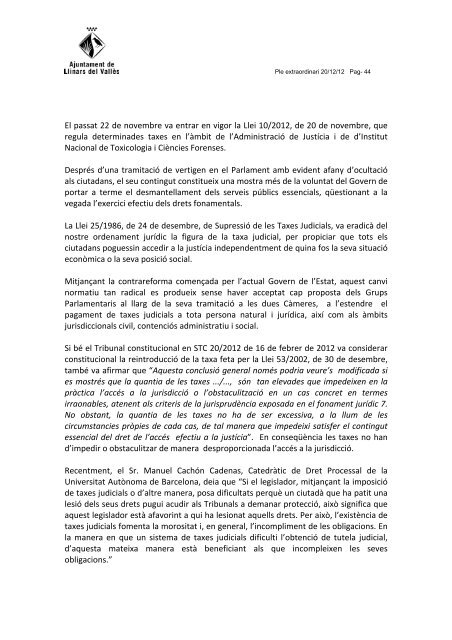 Ple extraordinari 20-12-12.pdf - Ajuntament de Llinars del Vallès