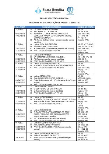 AULA/DIA ASSUNTOS/TEMAS BIBLIOGRAFIAS - Seara Bendita