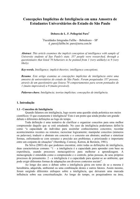 Concepções Implícitas de Inteligência em uma Amostra de ... - Fafibe