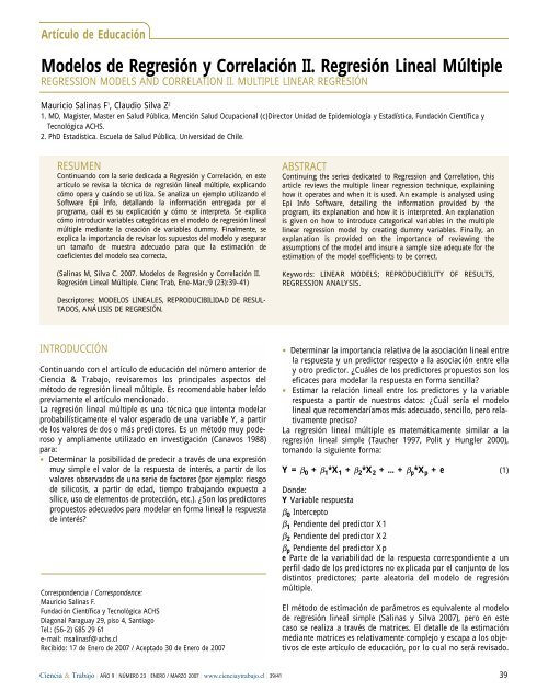 Modelos de Regresión y Correlación II. Regresión Lineal Múltiple