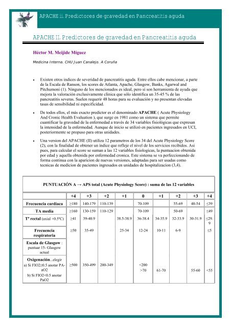 APACHE II. Predictores de gravedad en Pancreatitis aguda