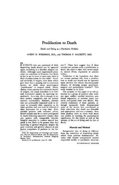 Predilection to Death - Psychosomatic Medicine