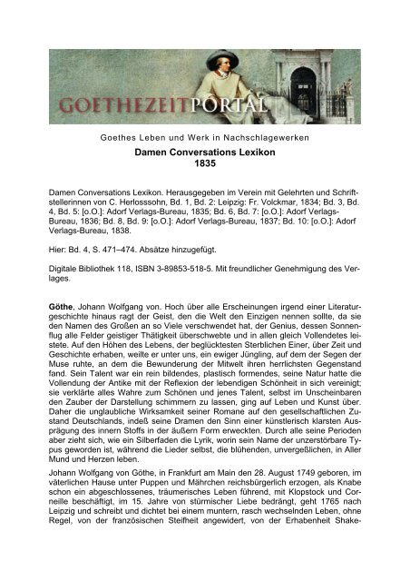 Damen Conversations Lexikon. Artikel Goethe Das Damen Conversations Lexikon. Artikel Goethe Das