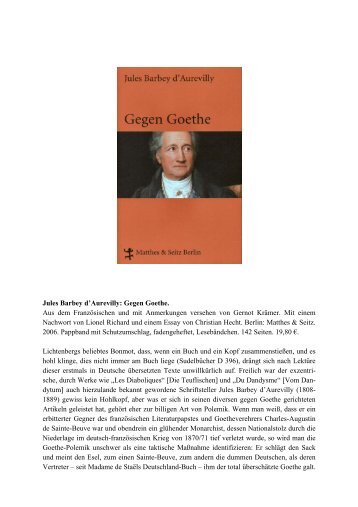 Jules Barbey d'Aurevilly: Gegen Goethe - Das Goethezeitportal