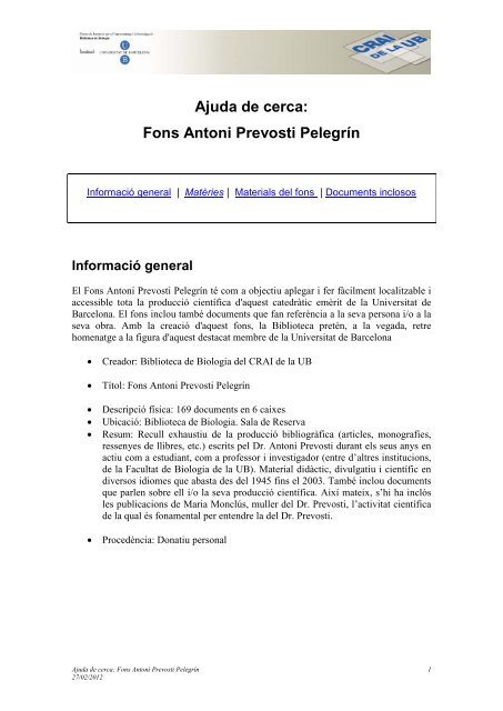 Ajuda de cerca: Fons Antoni Prevosti Pelegrín - CRAI - Universitat ...
