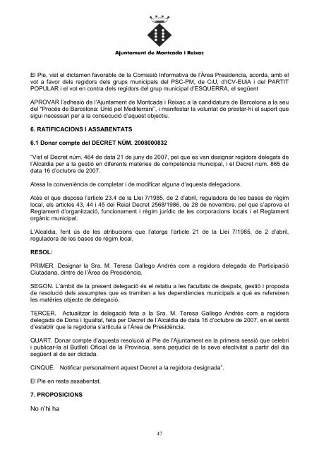 20081030Acta Ple 30 octubre 08 - Ajuntament de Montcada i Reixac