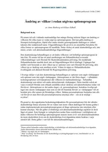 Ändring av villkor i redan utgivna optionsprogram - Mannheimer ...
