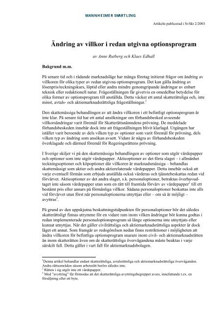 Ändring av villkor i redan utgivna optionsprogram - Mannheimer ...