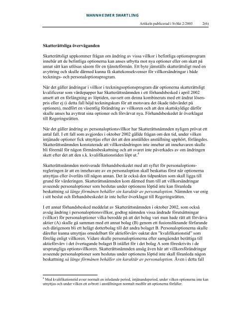 Ändring av villkor i redan utgivna optionsprogram - Mannheimer ...