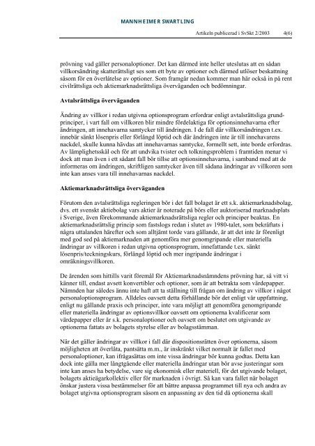 Ändring av villkor i redan utgivna optionsprogram - Mannheimer ...
