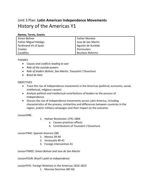 Unit 3 Plan Latin American Independence Movements Denton