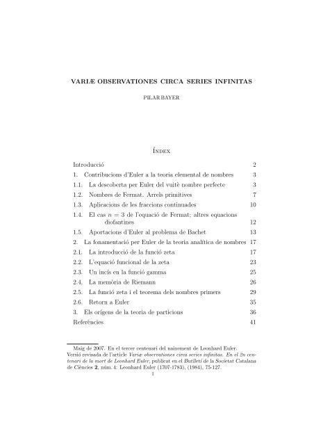 VARIÆ OBSERVATIONES CIRCA SERIES INFINITAS Índex ...