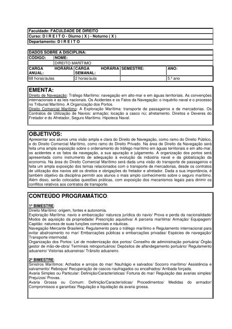 EMENTA: OBJETIVOS: CONTEÚDO PROGRAMÁTICO: - Unimes