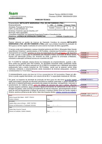 PARECER TÉCNICO Empreendedor: METALSETE SIDERURGIA ...