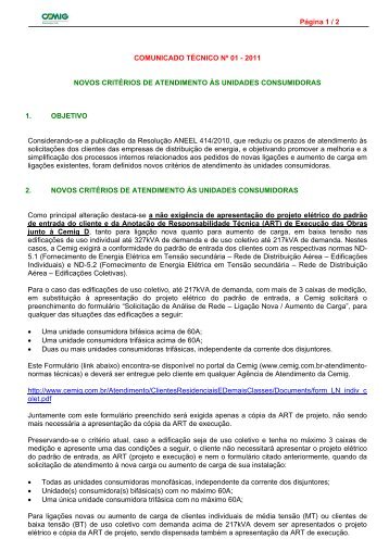 Página 1 / 2 COMUNICADO TÉCNICO Nº 01 - 2011 ... - Cemig
