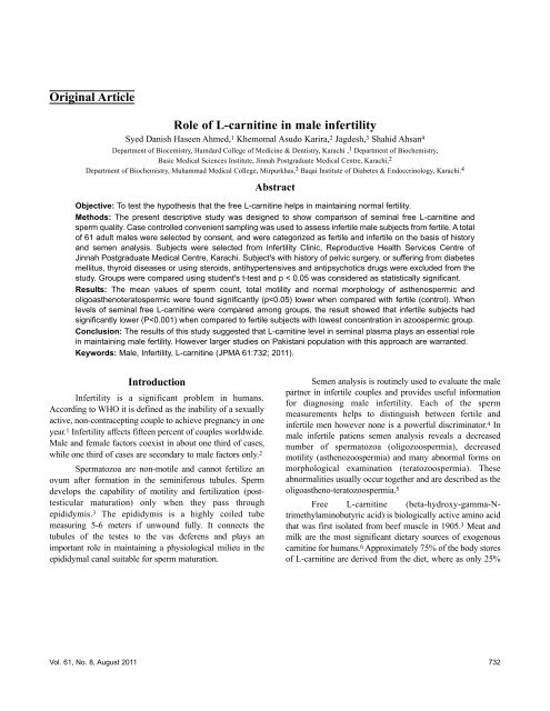 Original Article Role of L-carnitine in male infertility