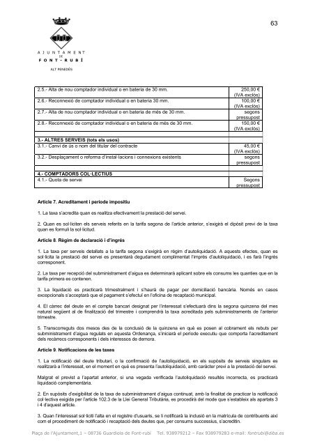 Ordenances Fiscals 2012- Impostos i Taxes - Ajuntament de Font-rubí