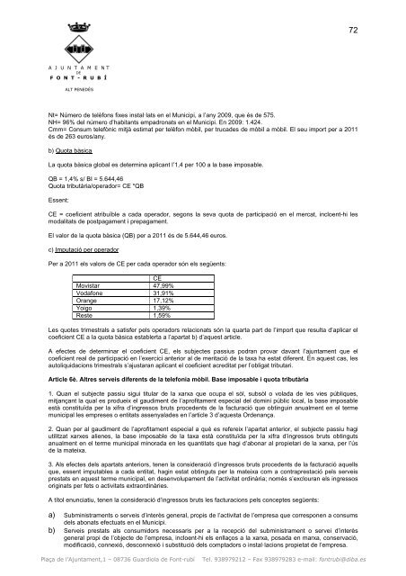 Ordenances Fiscals 2012- Impostos i Taxes - Ajuntament de Font-rubí